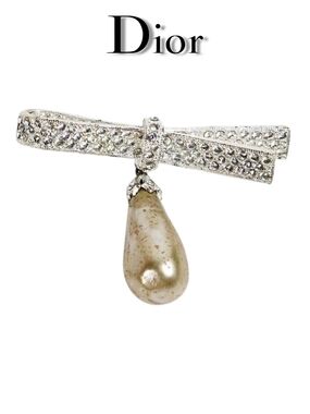 Dior Crystal Bow Brooch with Champagne Pearl Teardrop